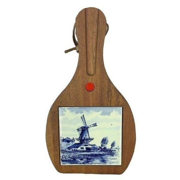 Vintage Dutch Delft Windmill Tile Wooden Cheese‎ Cutting Board Holland - Picture 1 of 7